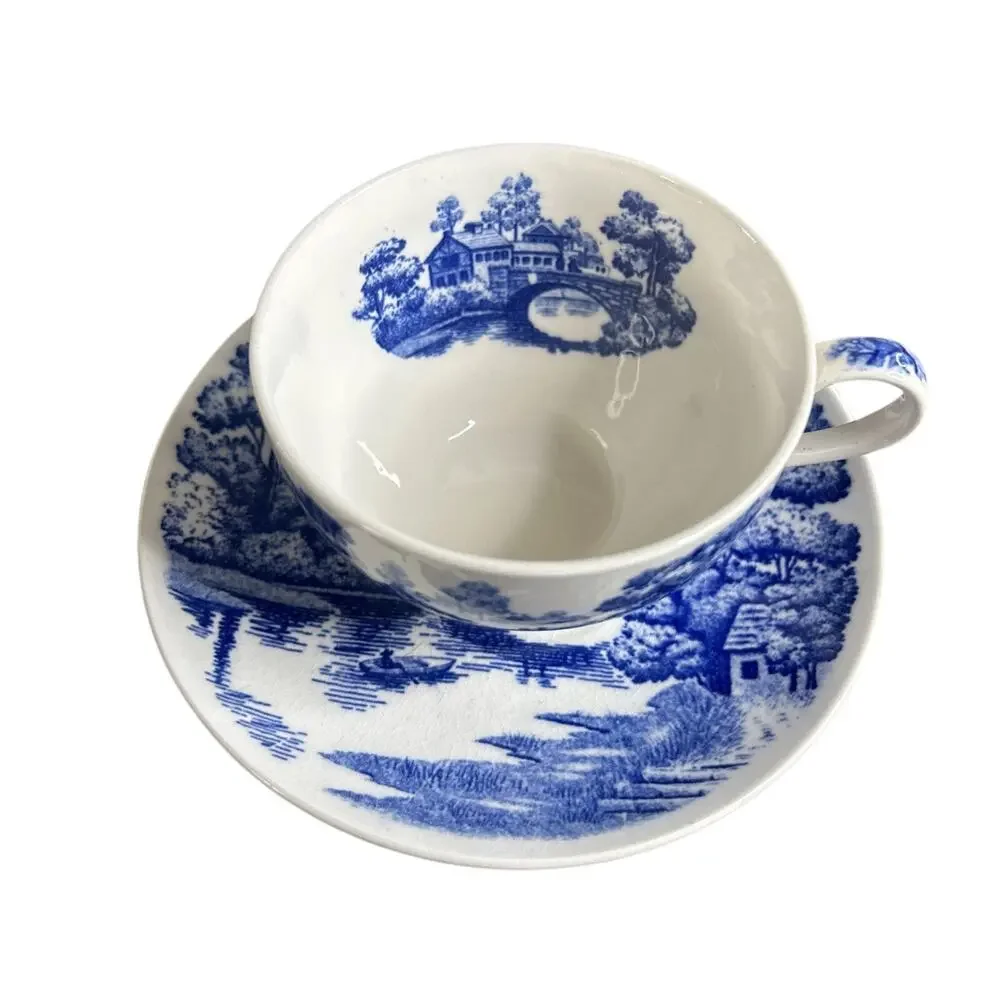 VTG Tea Cup and Saucer Hand Painted Lakeview Blue & White Japan By Nasco Crazing - Picture 2 of 12